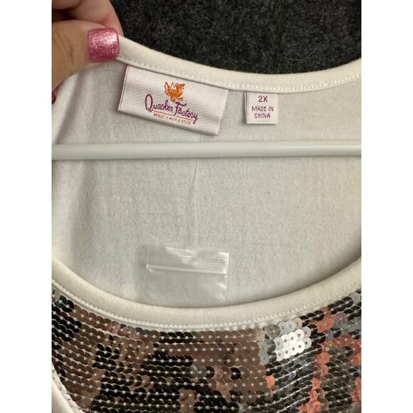 New Quacker Factory Silver Sequin White Top 2X Stretch Mature - Picture 5 of 6